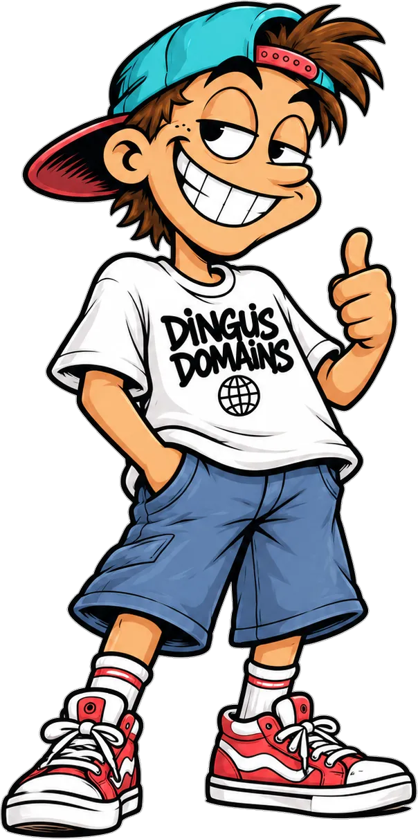 The Dingus mascot in a backwards cap and a Dingus Domains t-shirt, giving a thumbs up.
